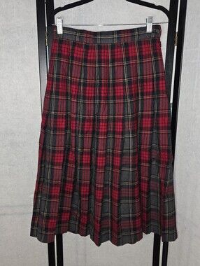 Vintage L.L.Bean 100% Wool Pleated Red, Black, Gray Tartan Plaid Skirt Size 10